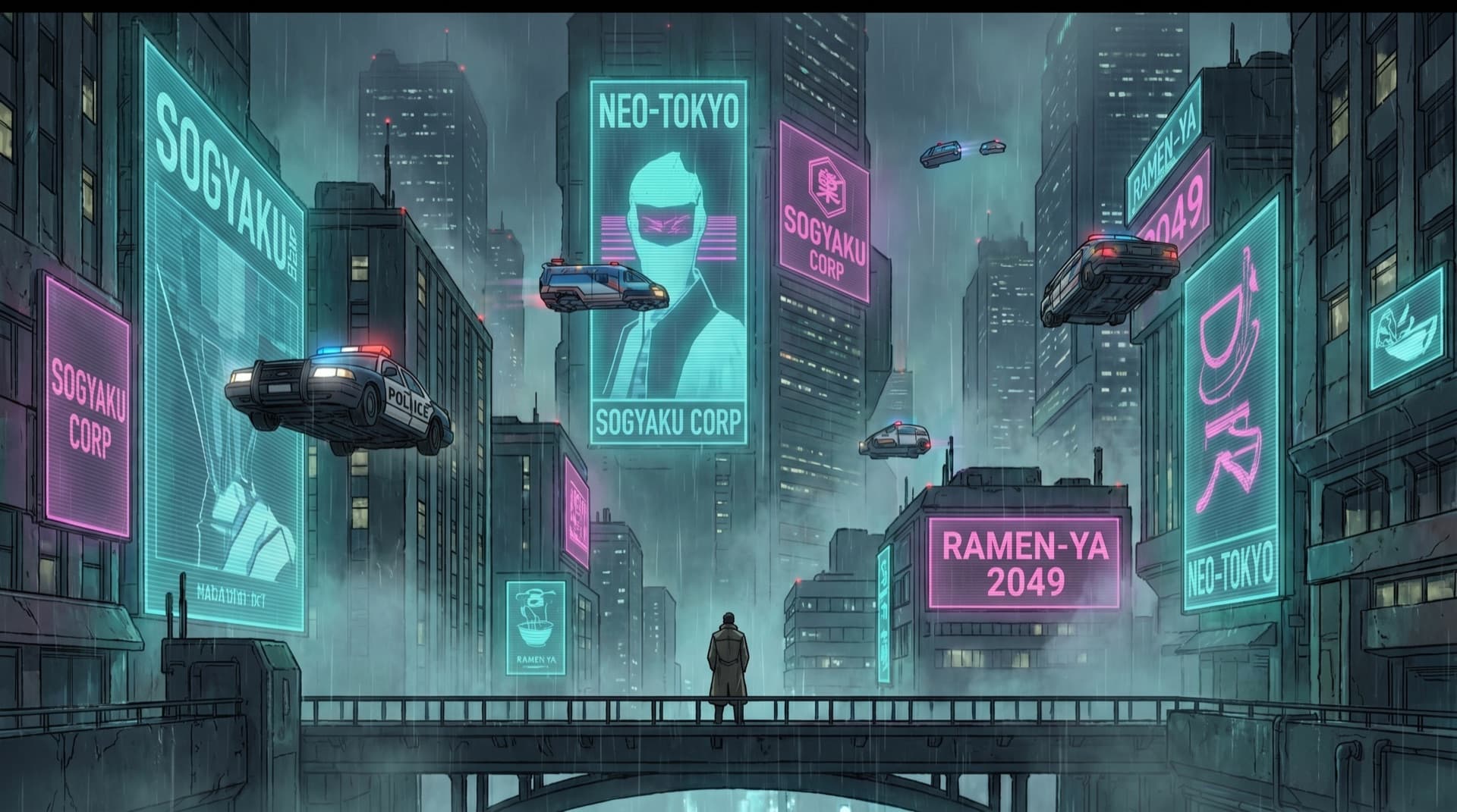 A vast rain-soaked neon megacity at night with holographic billboards