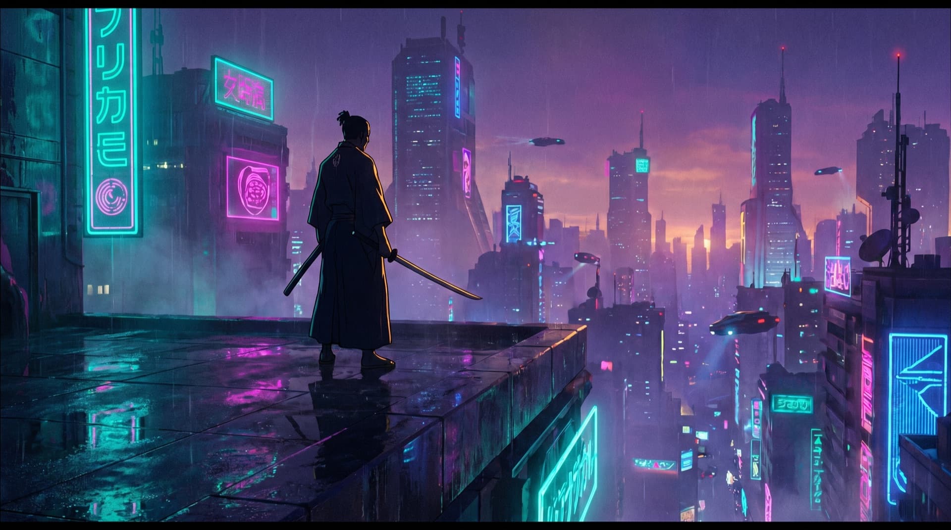 A lone samurai on a neon-lit rooftop above a futuristic city at dusk
