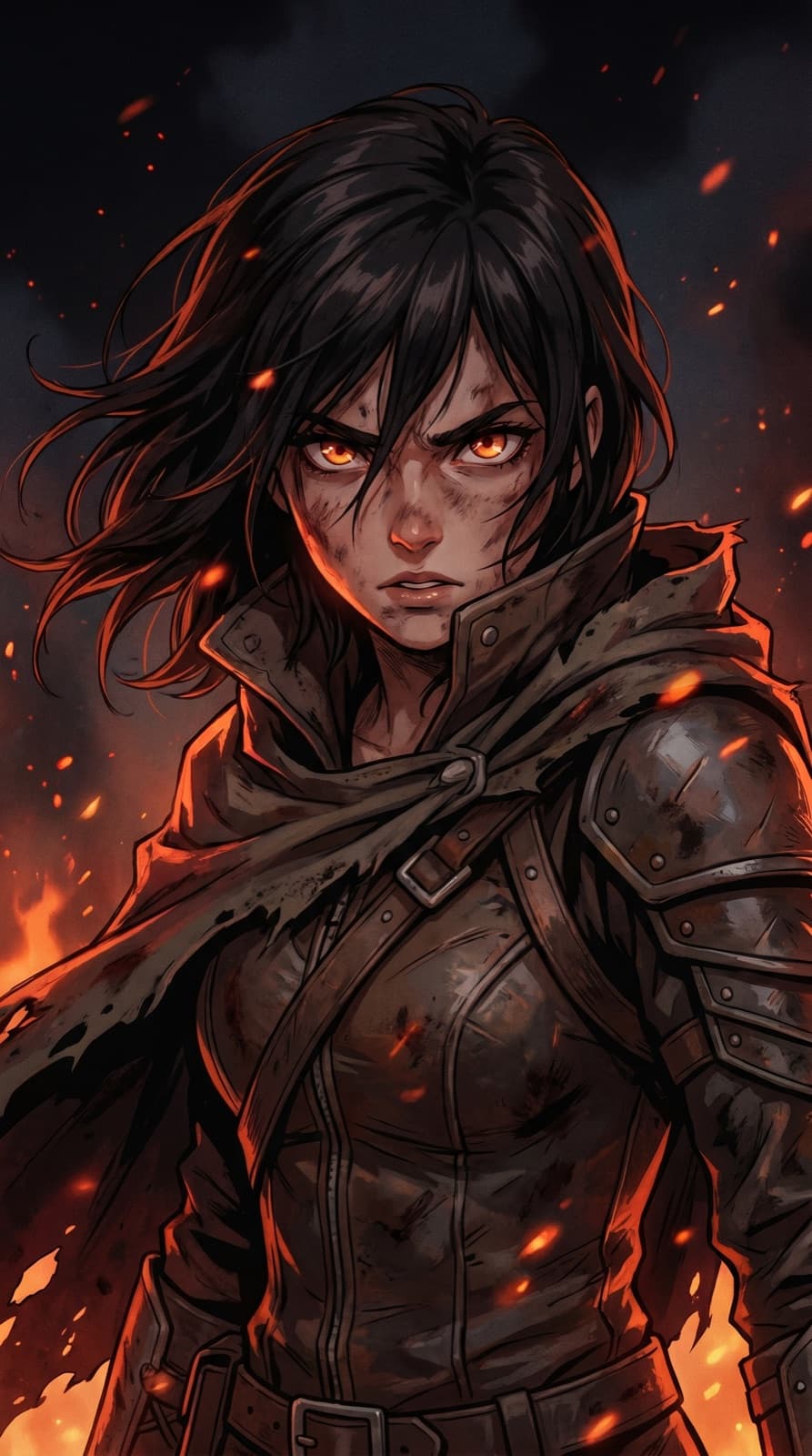 A fierce heroine with windswept hair and glowing eyes in dramatic rim light