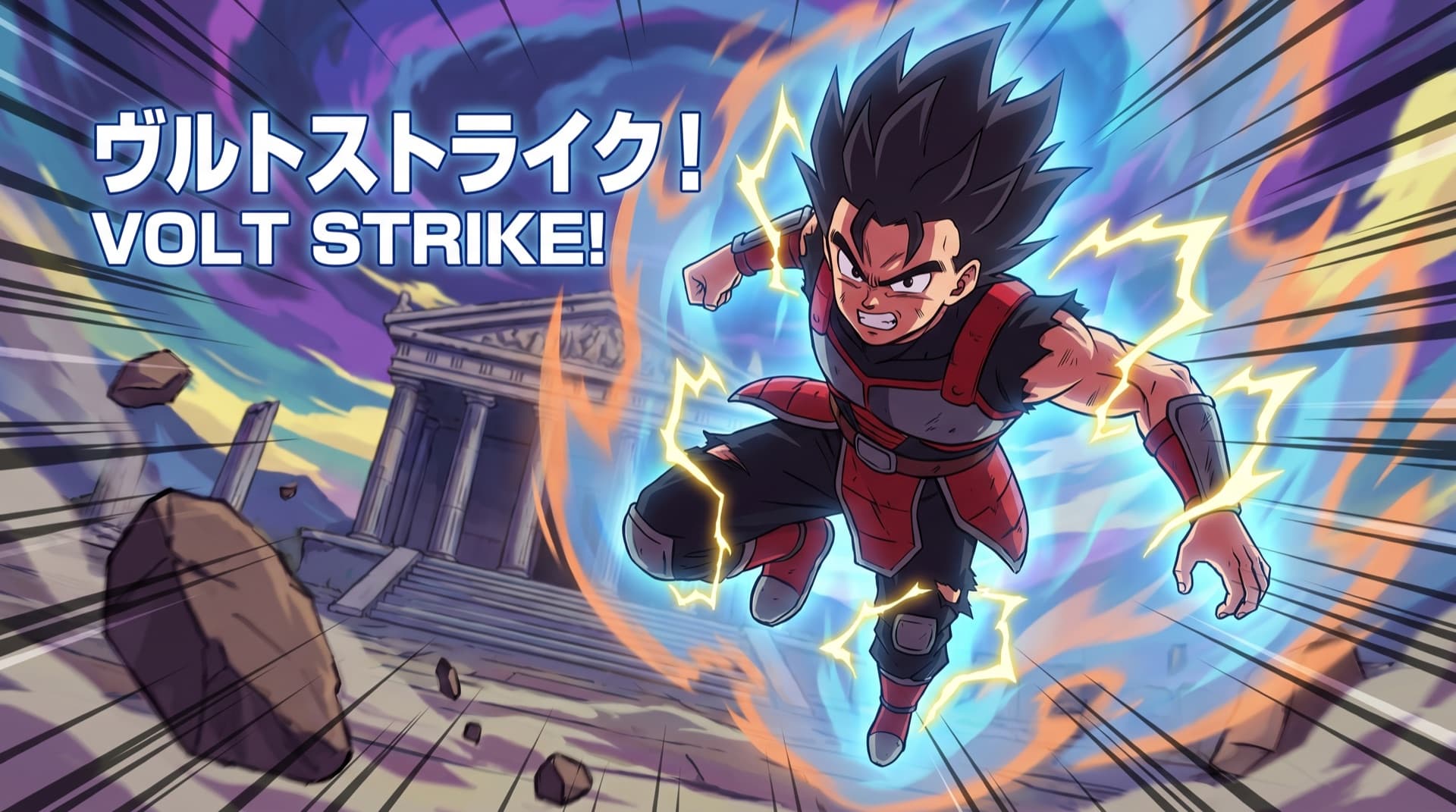 A hero mid-leap with a crackling energy aura and dramatic speed lines