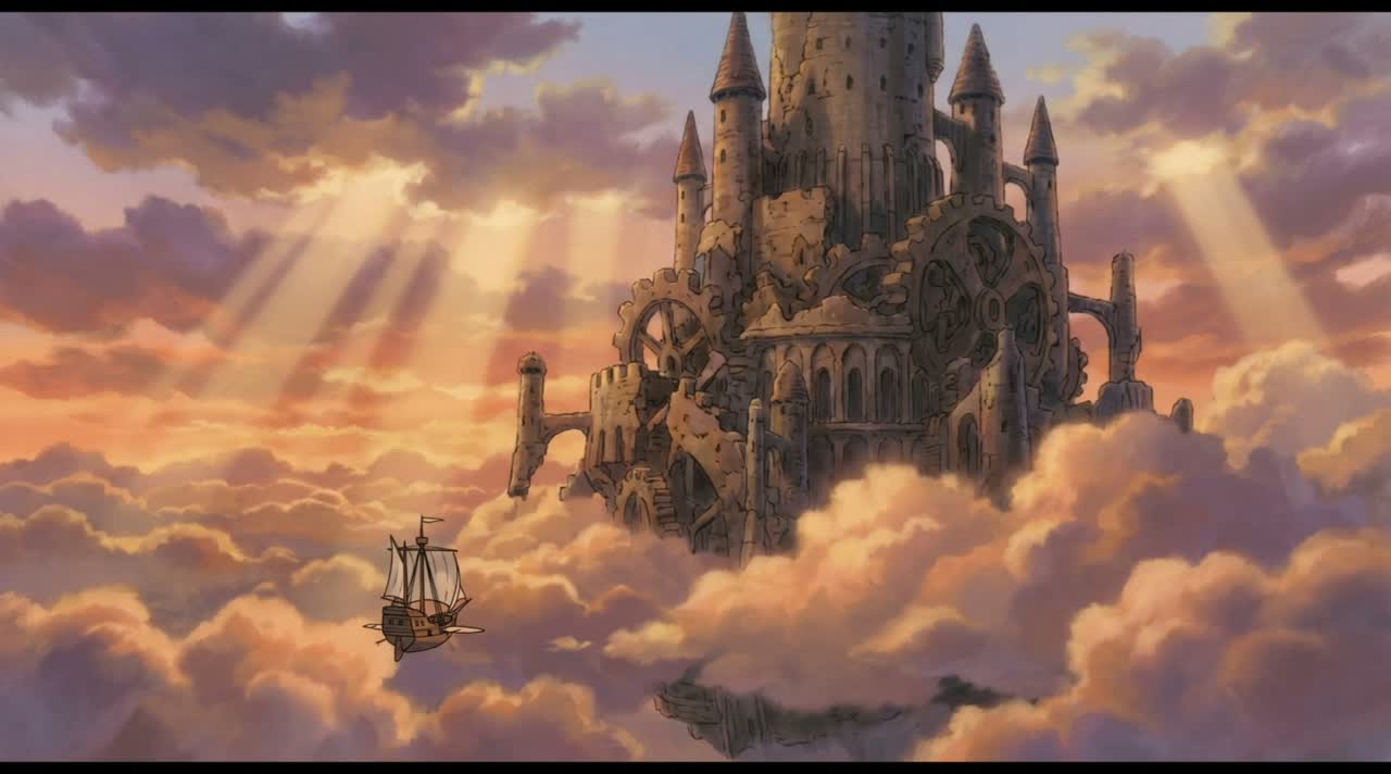 Clouds drifting past a golden floating castle as an airship glides