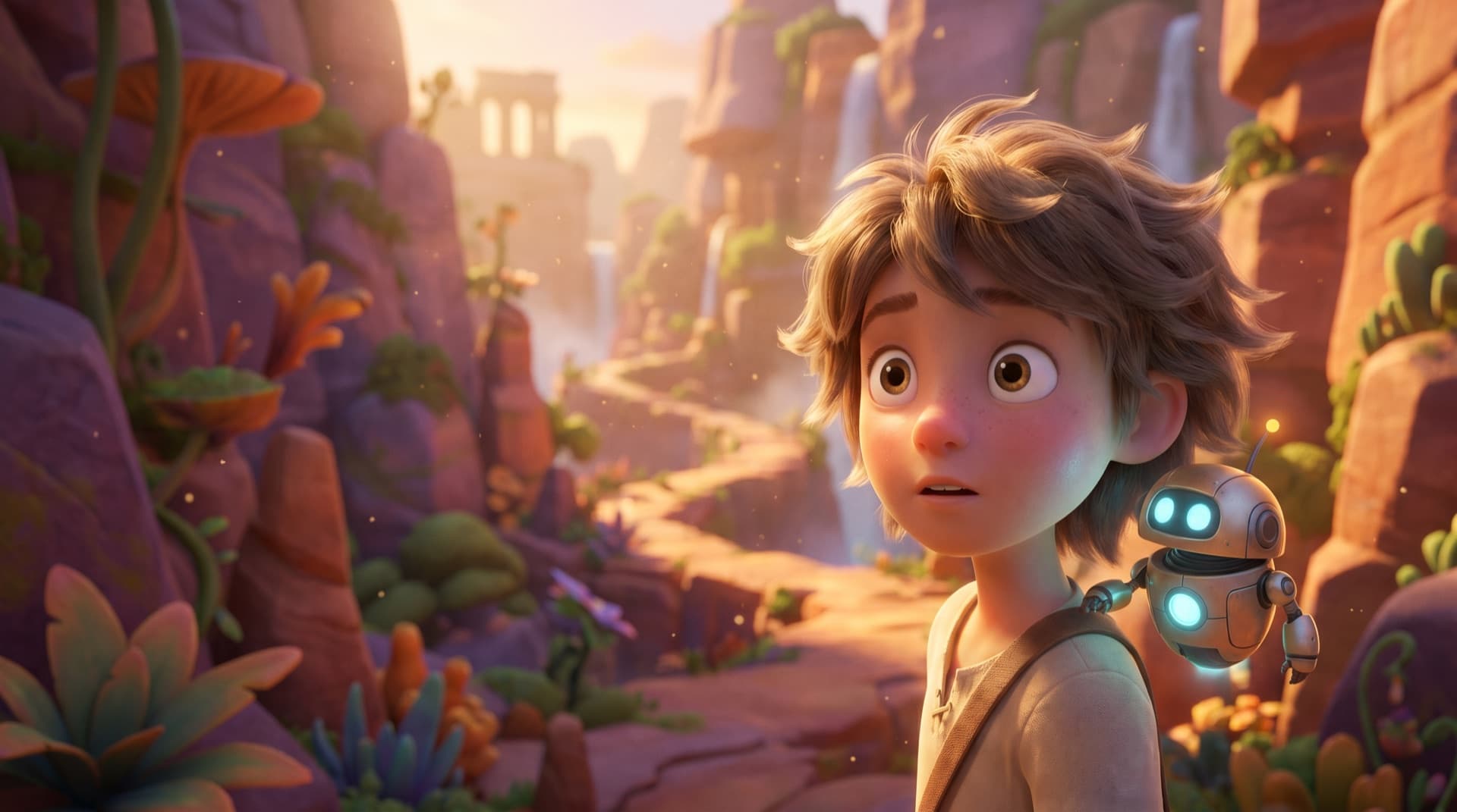 A wide-eyed young adventurer and a glowing robot companion in a lush 3D-animated canyon