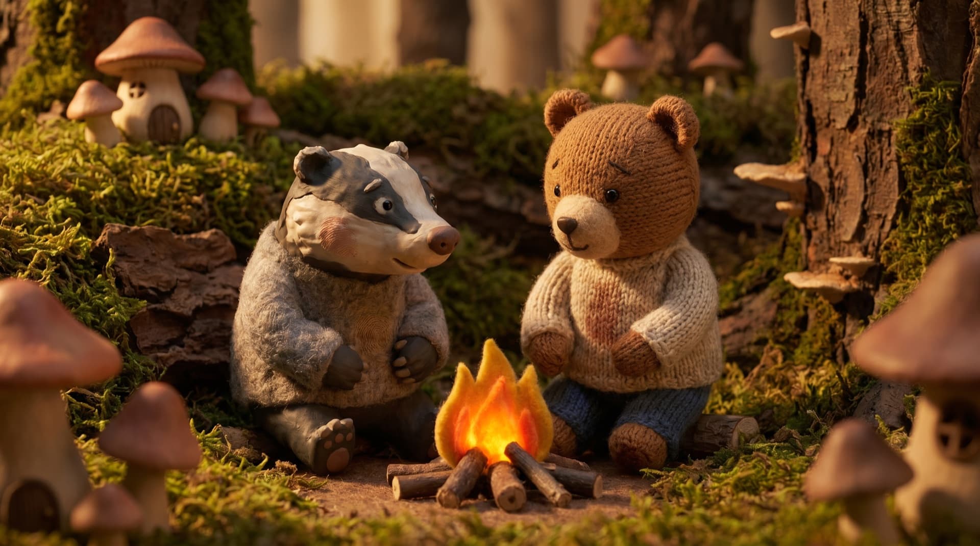 Handcrafted clay characters on a whimsical miniature forest set