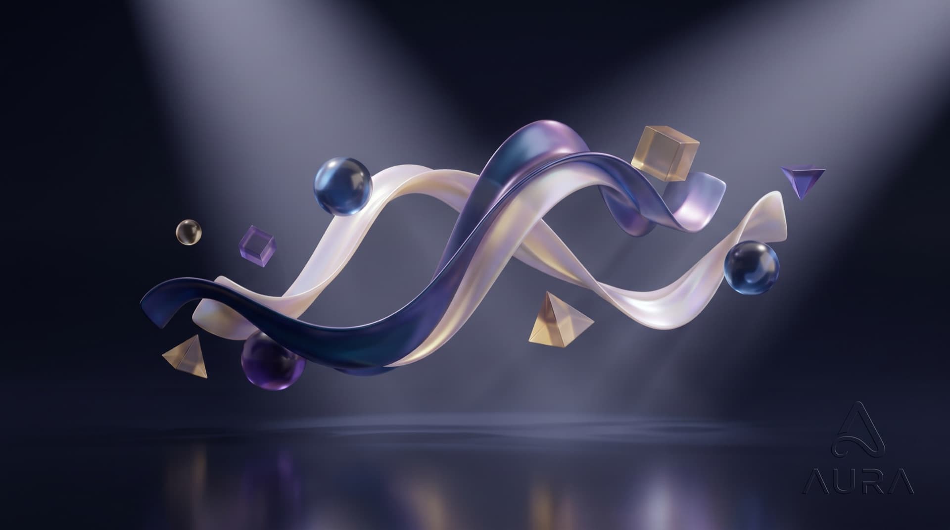Sleek iridescent 3D ribbons and floating geometric shapes on a dark studio set