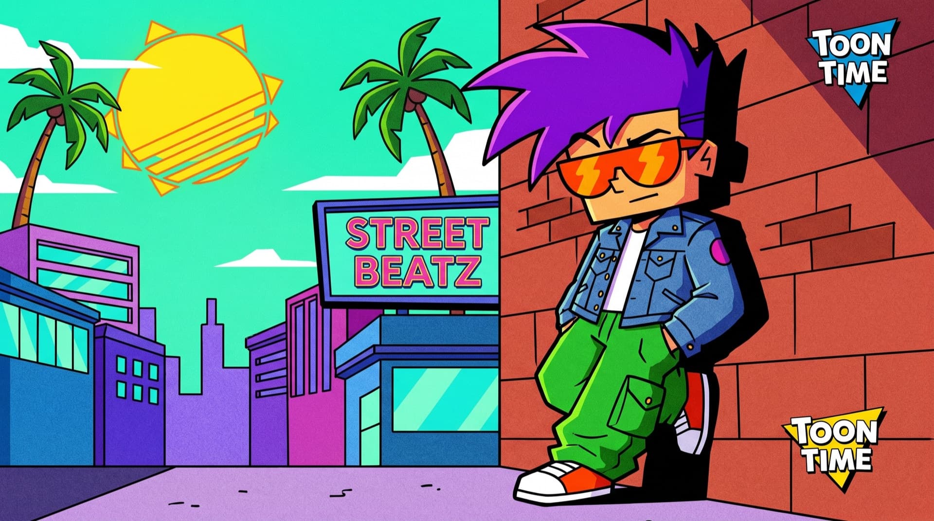 A cool character on a sunny street in a bold flat 90s cartoon style